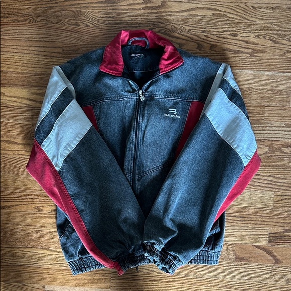 Balenciaga Other - Balenciaga Black Denim Bomber Jacket with Red Accents